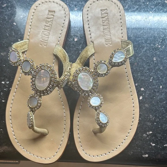 Mystique Sandals Mother of Pearl and clear rhinestones on Gold and Tan leather - Picture 1 of 3